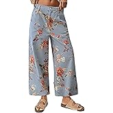 loveimgs Women Mid Rise Cropped Wide Leg Jeans Baggy Floral Ankle Pants Denim Capris Flare Print Boho Palazzo Jeans Boyfriend