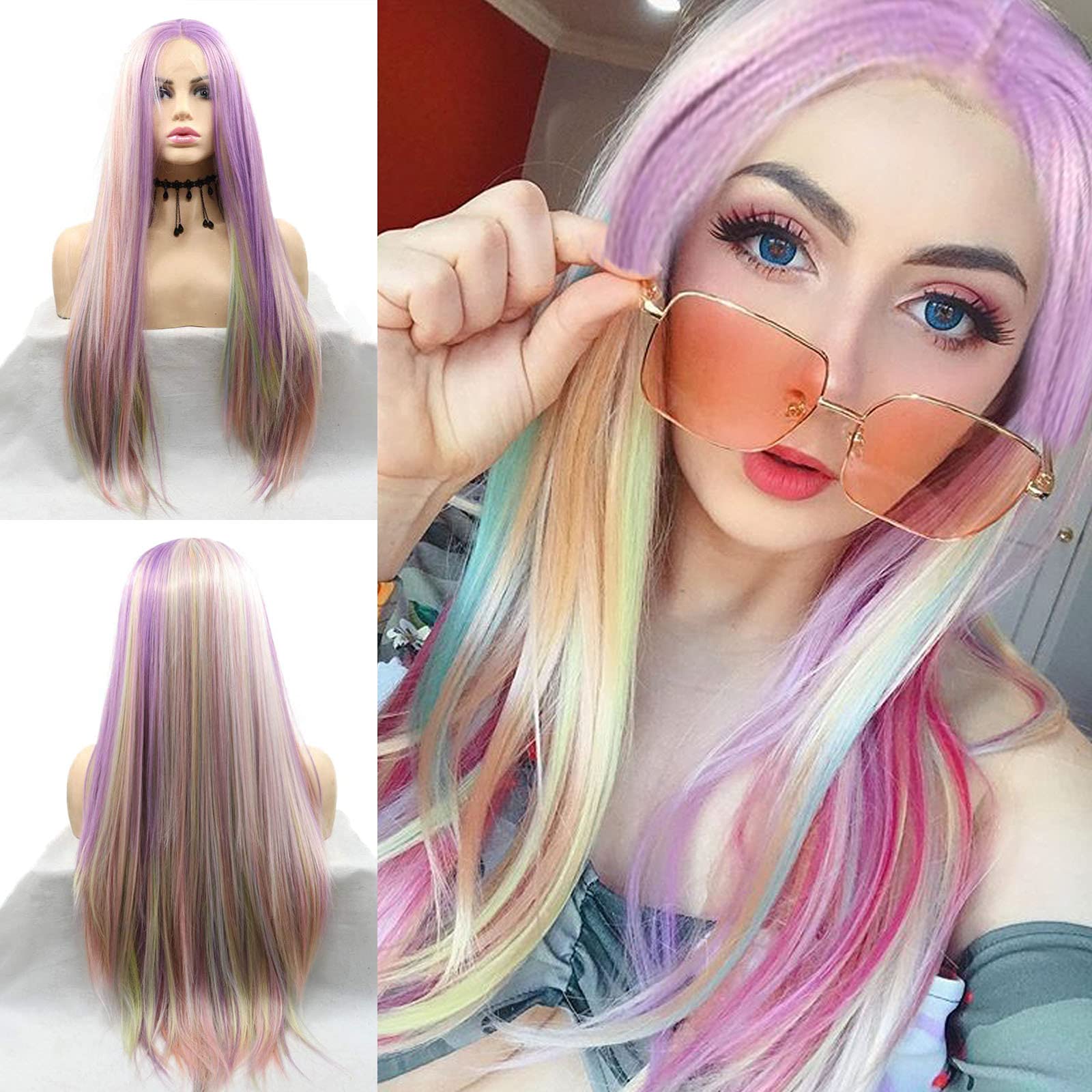 Rainbow Lace Front Wigs Long Multi-Colorful Straight Synthetic Lace Front Wigs Free Parting Wig with Gift Pack Colorful Mermaid Heat Resistant Fibre Hair for Women 24 inches