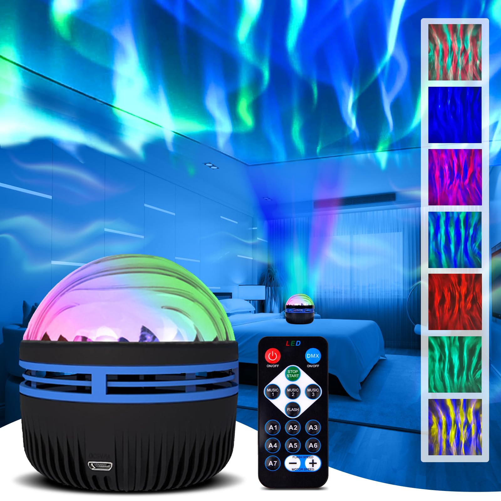 2-in-1 Northern Night Light Projector Galaxy Projector, Star Projectors with Remote Control, RGB Dimmable Kids Galaxy Projector Lamp with 7 Colours Light for Bedroom Playroom Decoration