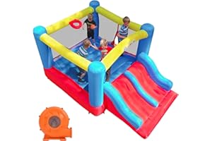 Klo Kick Bounce House with Blower for Kids Aged 3-10, Blow Up Bouncy House with Double Slides & Basketball Hoop, for Party, Backyard, Indoor and Outdoor Used (Red)