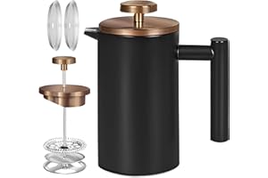 Miuly 12oz French Press for One Person, Small Coffee Press 350ml with 2 Filter Mesh, Double Wall Insulated French Press for Travel, Black