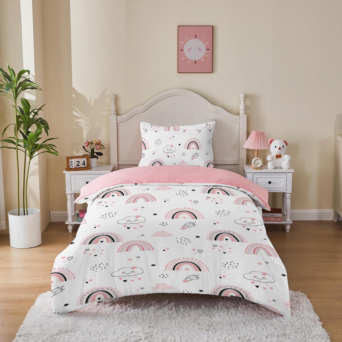 MUSOLEI Rainbow Bedding Set Single, White and Pink Lovely Kids Duvet Cover Sets for Boys Girls, Colorful Microfibre Quilt Cover 135X200cm with Pillowcase 50x75cm