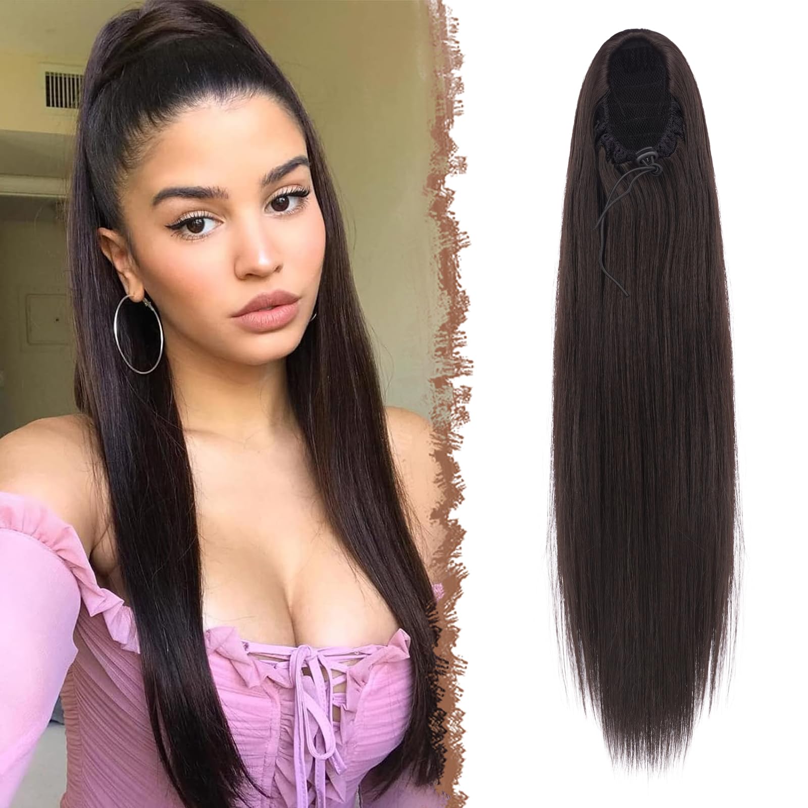 FESHFEN Straight Drawstring Ponytail Extension Natural Synthetic Long Pony Tails Hairpieces Clip in Ponytails Extensions for Women Girls, Darkest Brown 24 inch — image 1