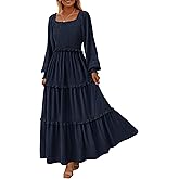 PRETTYGARDEN Fall Dresses for Women 2026 Long Sleeve Smocked Square Neck Swiss Dot Tiered Flowy Wedding Guest Maxi Dress
