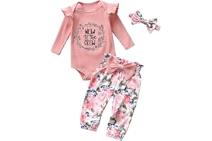Sinipart Newborn Baby Girl Outfits Clothes Preemie Infant Long Sleeve Romper Ruffle Floral Bow Pants Headband 3pcs Set