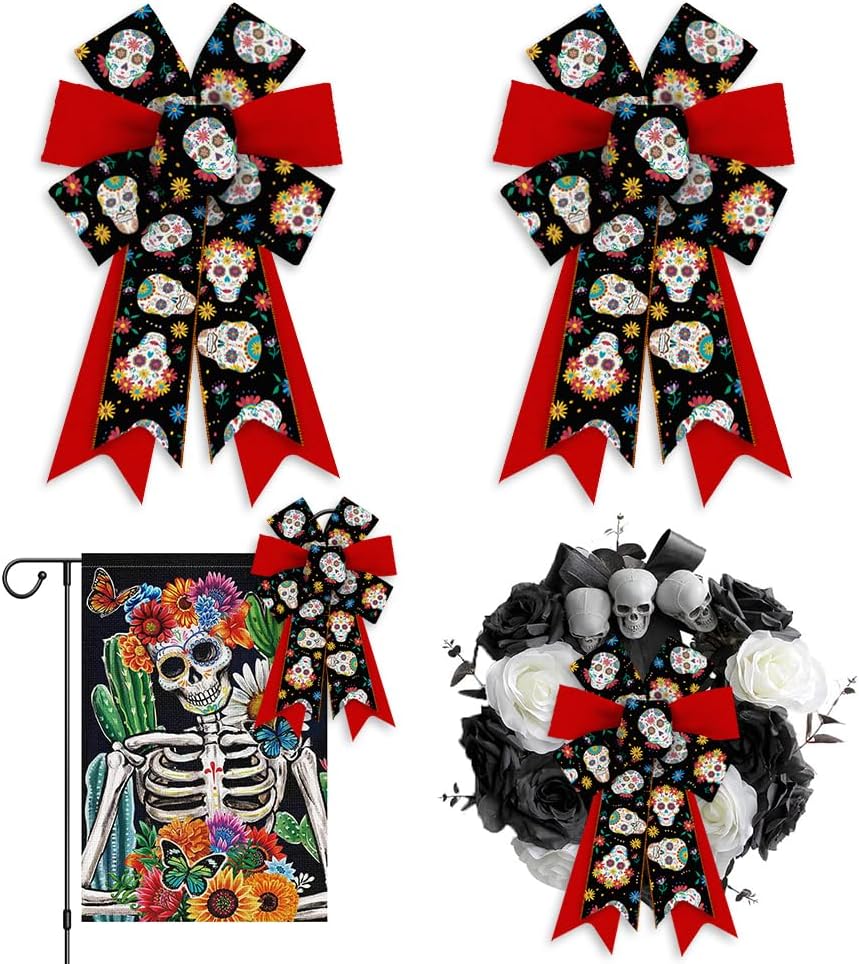 Bows & Ribbons - Hying 2PCS Day of The Dead Bows for Wreath, Red Black Dia de Los Muertos Wreath Bow for Mexican Party Supplies Halloween Sugar Skull Bow for Front Door Indoor Outdoor Wall Tree Topper Decorations