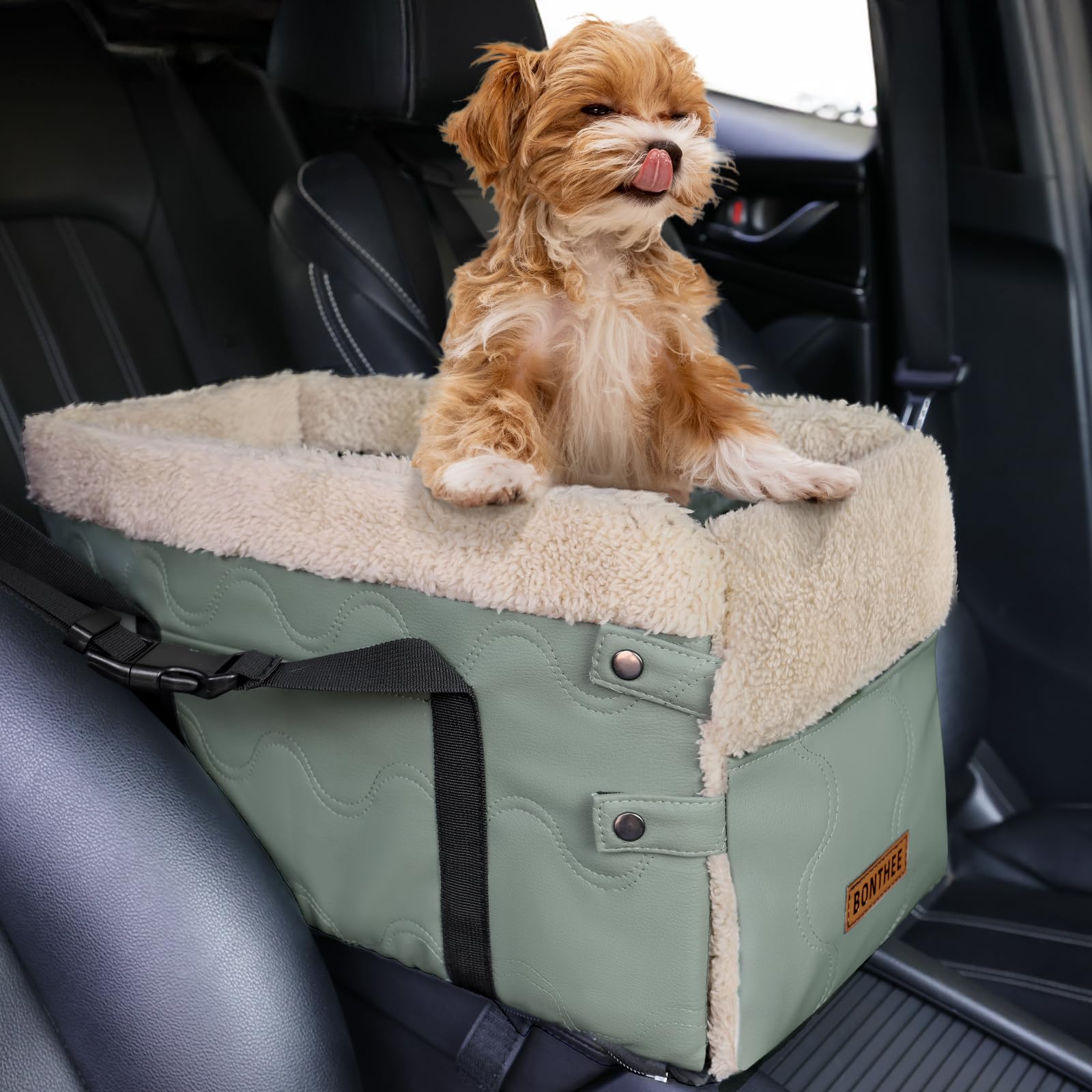 Photo 1 of Center Console Dog Car Seat for Small Dogs,PU Leather Small Dog Car Booster Seat,Washable Foldable with Safe Protection Hooks Adjustable Straps and Storage Pocket Pet Up to 18lbs-Green