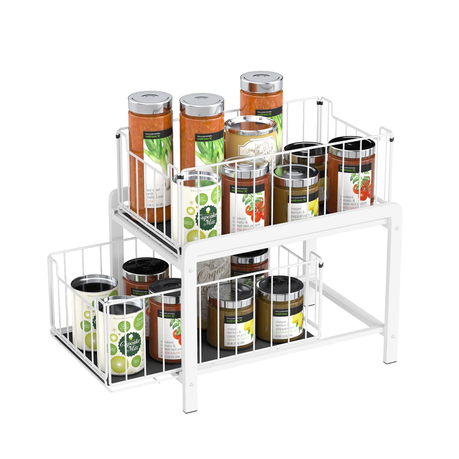 MoYouno Under Sink Storage- 2 Tier Sliding Cabinet Basket Pull Out Organizer Drawer,Detachable Metal Sliding Storage Basket, Pull Out Drawers for Kitchen and Bathroom-White