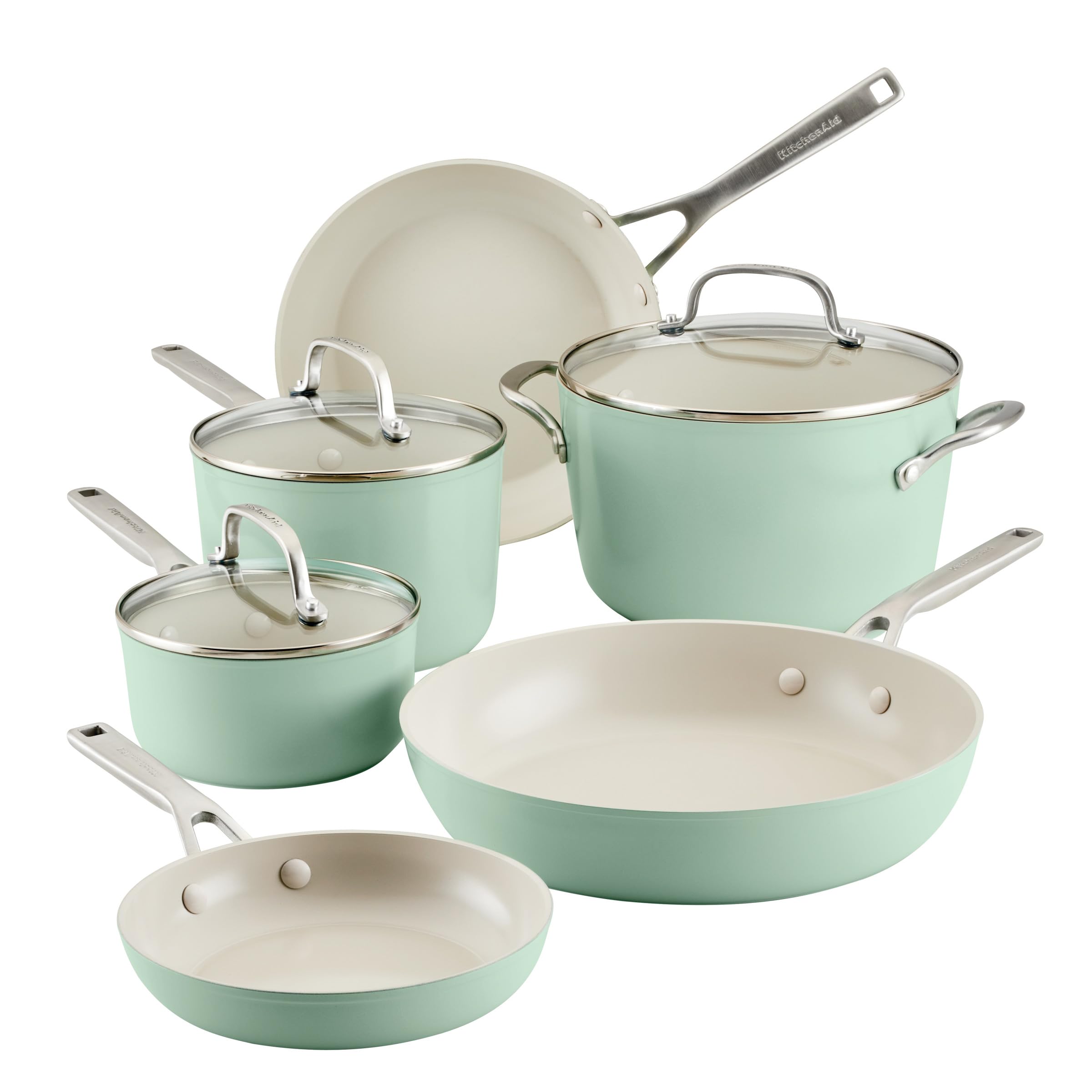 Photo 1 of KitchenAid Hard Anodized Ceramic 9-Piece Nonstick Cookware Set – Includes Fry Pans, Saucepan, Stockpot, Durable, Even Heating, Oven Safe to 500°F, Pistachio