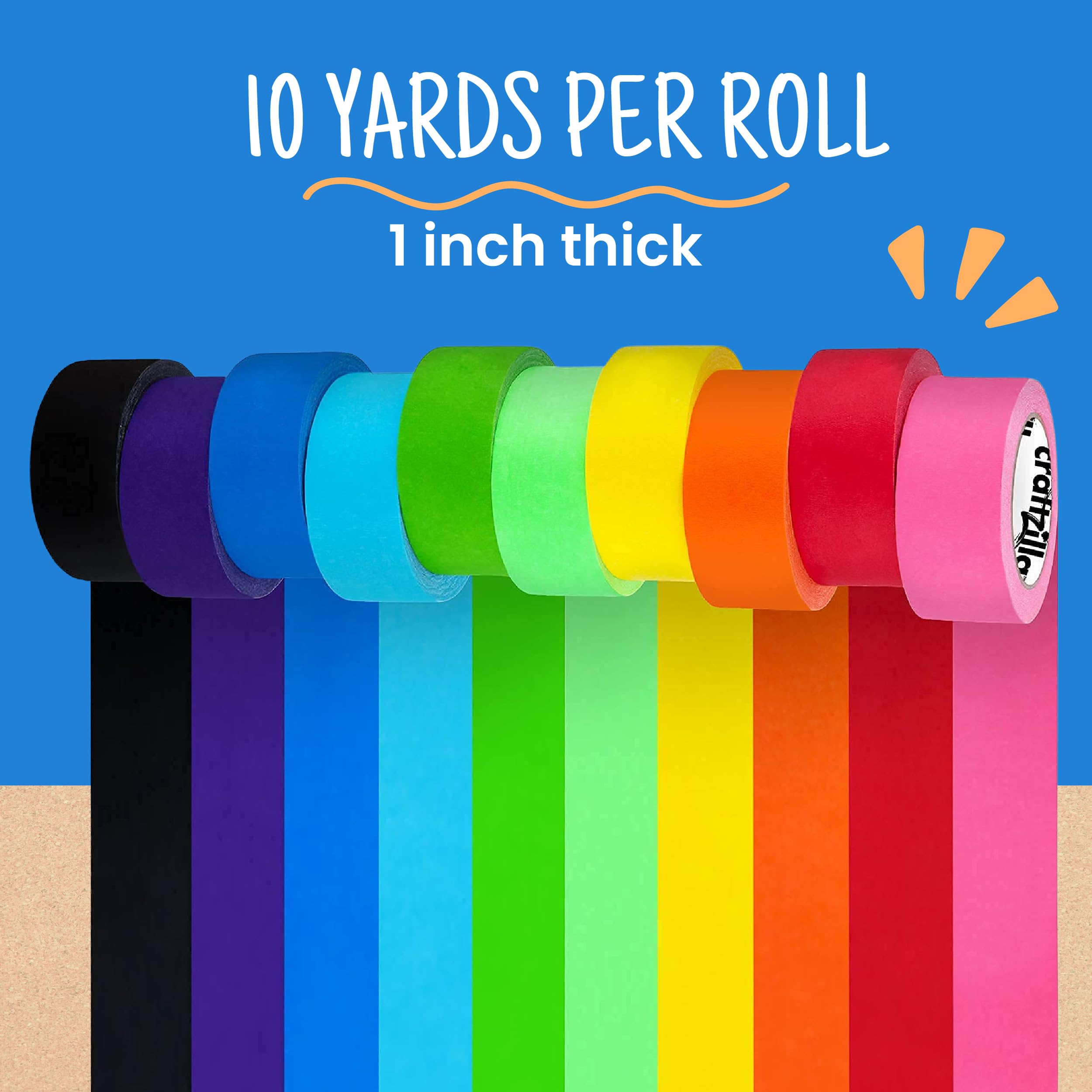 Craftzilla Colored Masking Tape - 10 Roll Multi Pack - 10 Yards Each - Colored Tape 1 Inch Wide - Great for Arts & Crafts, Labeling, and Color- Coding - Teacher Supplies