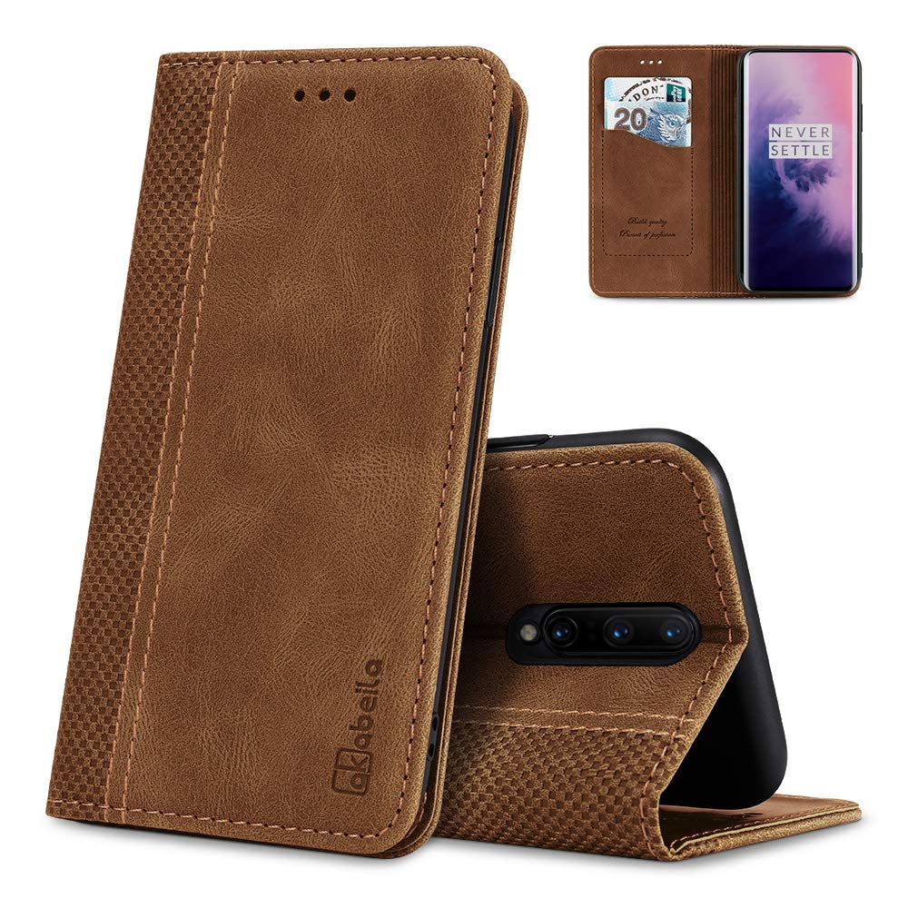 AKABEILA Case for OnePlus 7 Pro Premium Leather Flip Wallet Case with Magnetic Closure Kickstand Card Slots Folio Phone Case Cover Shockproof Light Brown