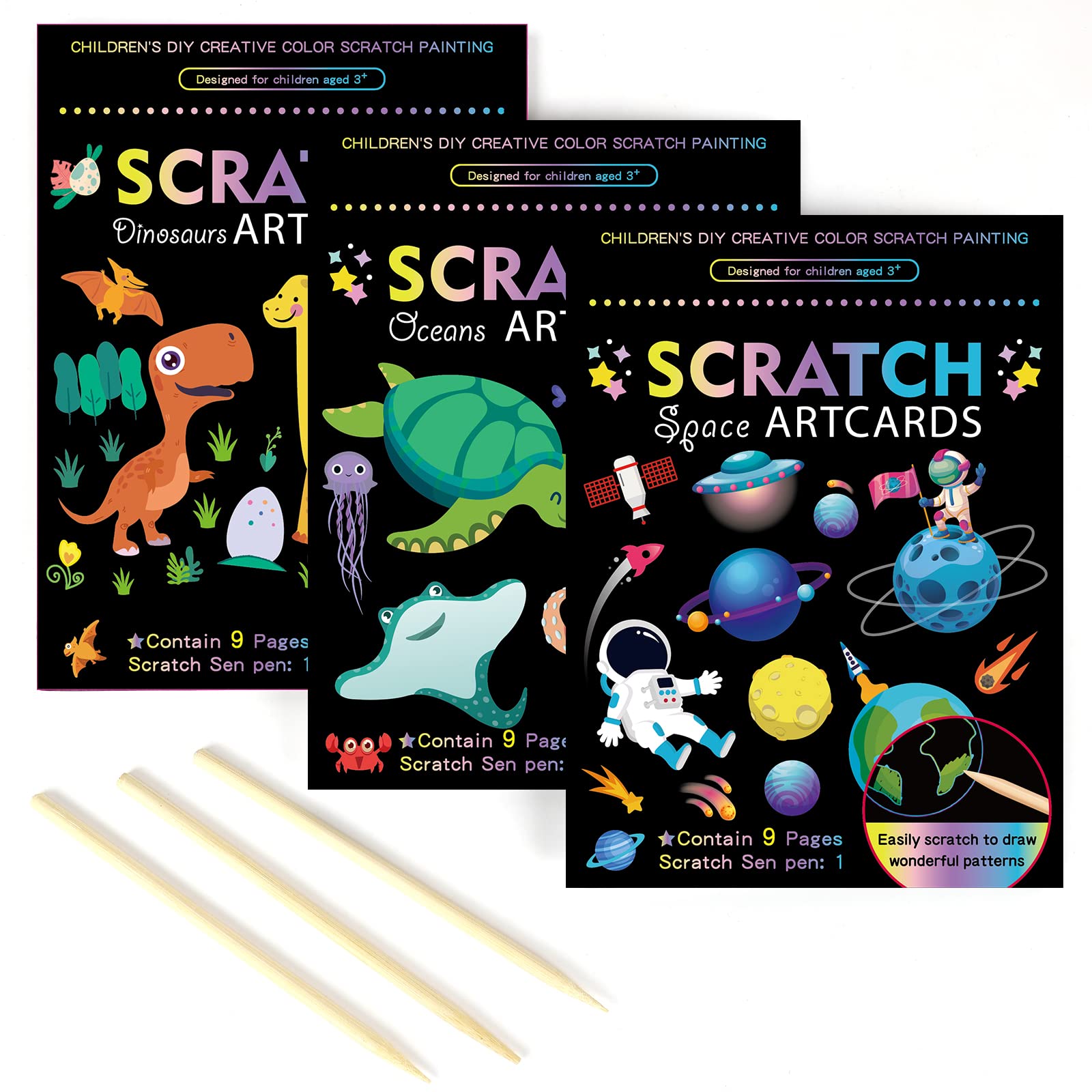 OPUHOHR 3 SET Magic Scratch Paper Art, Colorful Magic Drawing Art Book with 3 Scratch Pen for Birthday Halloween Christmas Party Games Projects Kits （Dinosaurs/Underwater World/Spaceman）
