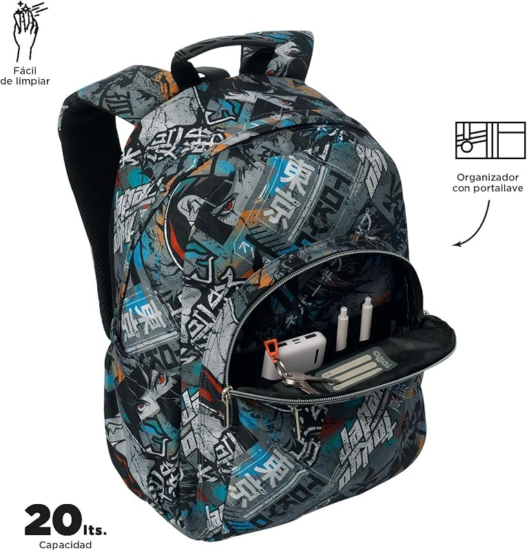 - Mochila escolar adaptável a carrinho, modelo aguarela, capacidade de 20 L, bolso para PC de 14", bolso para 2 garrafas, encosto ergonómico para fluxo de ar, alças confortáveis em S, estampado Okubo