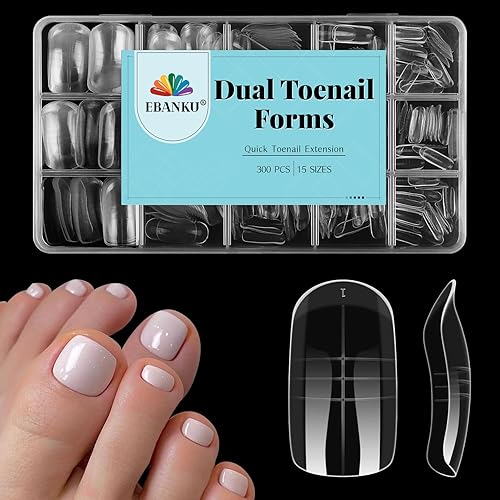 EBANKU Poly Gel Dual Forms for Toes, 300Pcs 15Sizes Polygel Toenail Forms Poly Extension Gel Toenail Kit Full Cover French Line Nail Molds Tip for Salon Home Nail Art Supplies
