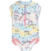 RuffleButts Girls UPF50+ Sun Protection Front Zipper Short Sleeve Rash Guard One Piece Swimsuit
