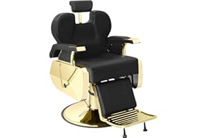 KIIUMI Barber Salon Hair Chair, Hydraulic Rolling 360° Swivel Barber Reclining Chairs for Barbershop, Heavy Duty Hairdresser Chair Beauty Salon Spa Shampoo Styling Equipment, Adjustable Headrest, Black&Gold
