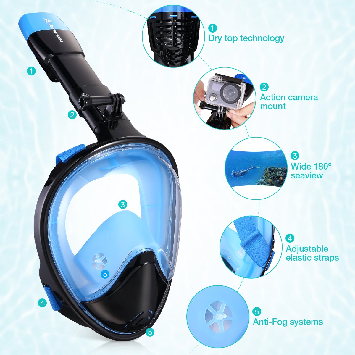 Powerextra Snorkel Mask 180° Panoramic View Anti-fog Anti-leak Design for Gopro and other Detachable Camera Mounts (Size: L/XL)