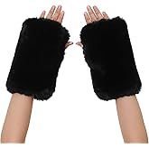 LA CARRIE Women Fingerless Faux Fur Gloves Smooth Furry Soft Fuzzy Plush Winter Cold Warmer Cuffs Black White for Girls