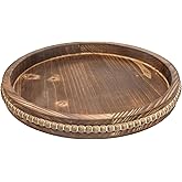 Lnofemin Round Burnt Wood Serving Tray with Beads, Wooden Decorative Tray for Entertaining, Decoration, and Gifting,