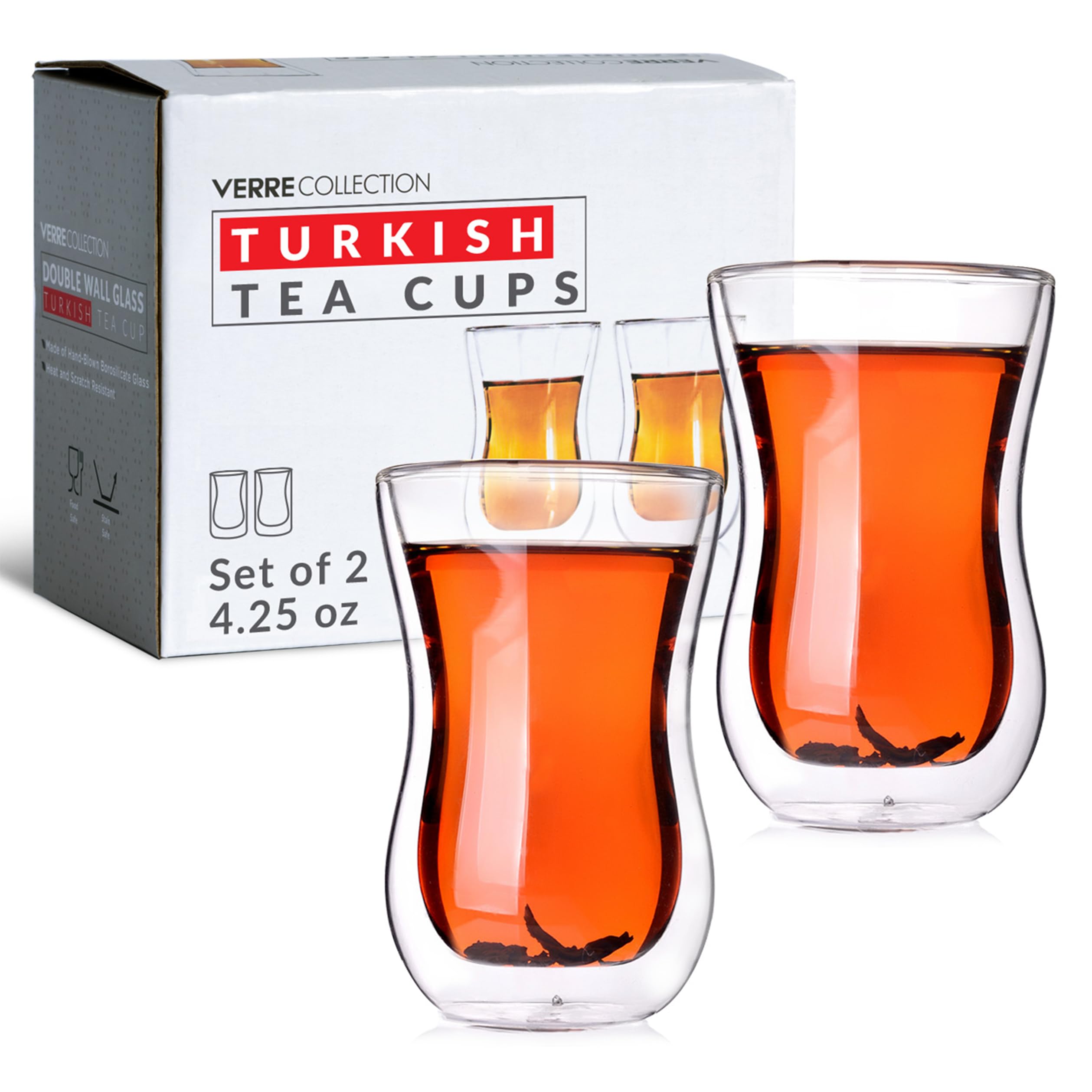 Verre Collection Turkish Tea Cups 4.25 oz, Lightweight Turkish Tea Glasses, Heat Resistant Double Wall Tea Cups, Insulated Turkish Tea Set of 2
