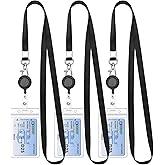 Teskyer 3 Pack Retractable Lanyards for ID Badges, Thick Clear Plastic ID Badge Holder with Lanyard and Badge Reel Clip for Name Work Cards, Cruise Ship Cards - Black
