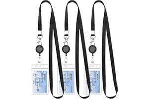 Teskyer 3 Pack Retractable Lanyards for ID Badges, Thick Clear Plastic ID Badge Holder with Lanyard and Badge Reel Clip for Name Work Cards, Cruise Ship Cards - Black