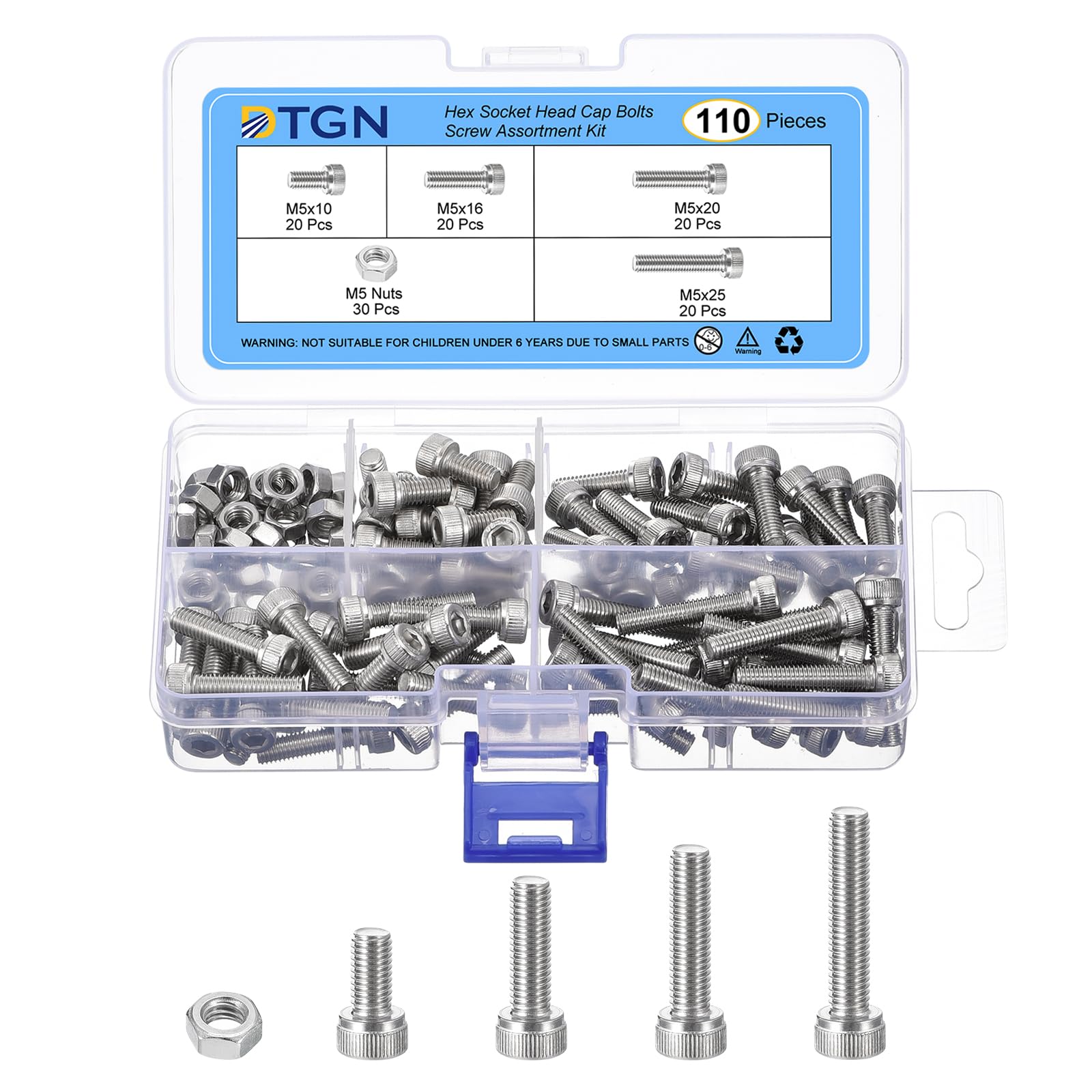 DTGN 110Pcs M5 Metric Screw Assortment, Bolts and Nuts Kit, 304 Stainless Steel M5x10/16/20/25mm Hex Socket Head Cap Screws Bolt Set for 3D Printing DIY