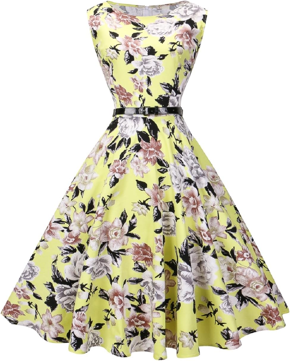 VOGVOG Fedie Women Boatneck Sleeveless Vintage Tea Cocktail Dress with Belt Size S-4XL