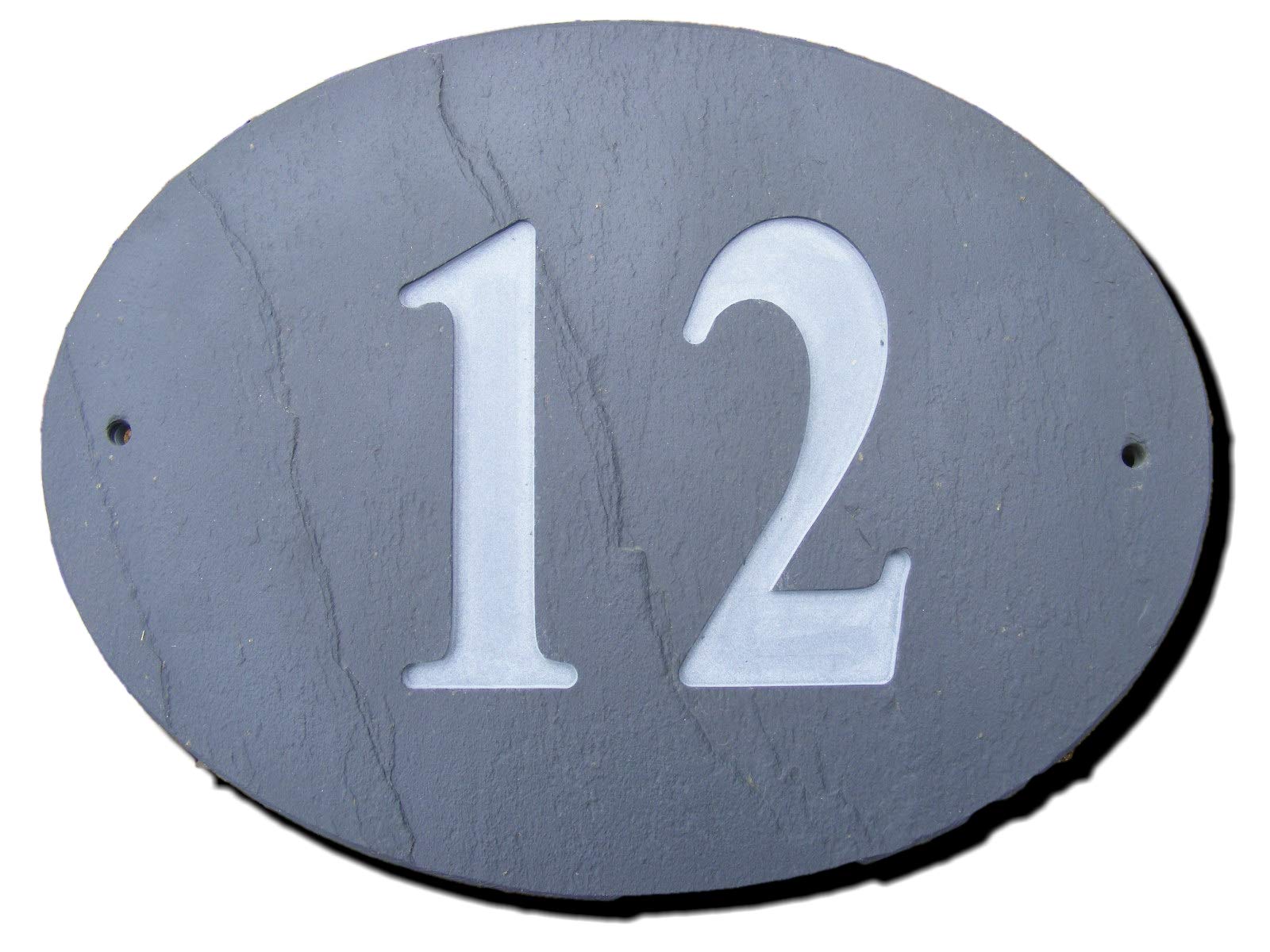 NUMBER 12 OVAL NATURAL GREY SLATE HOUSE DOOR NUMBER 7" x 6" DEEPLY ENGRAVED NATURAL SURFACE SIGN PLAQUE HOUSE WARMING GIFT (175 x 150mm) No. 12 TWELVE ROUND by FastCraft UK — image 1