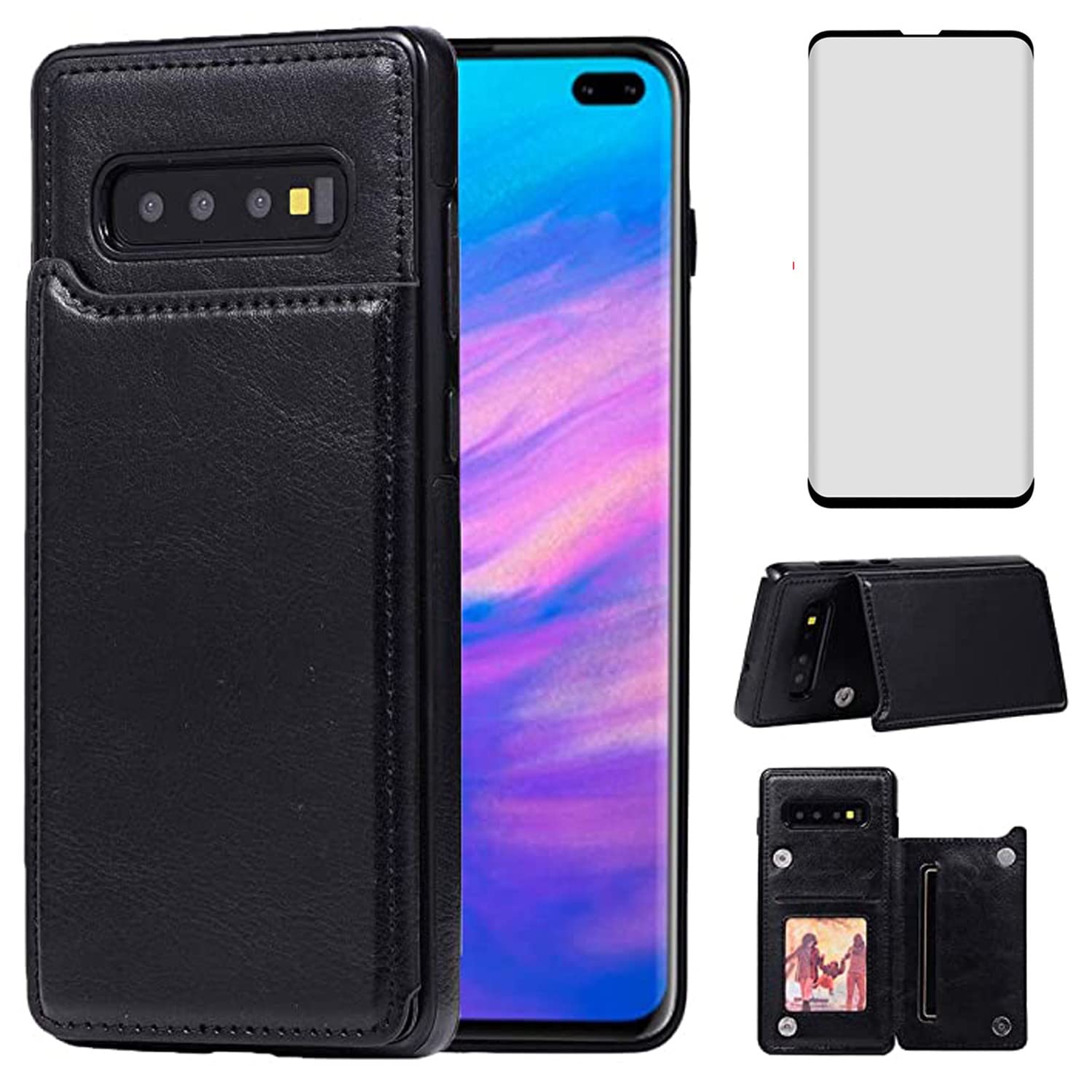 Asuwish Compatible with Samsung Galaxy S10 Wallet Case Tempered Glass Screen Protector Card Holder Stand Leather Flip Cell Accessories Cover Phone Cases for Glaxay S 10 Edge Gaxaly 10S GS10 X10 Black