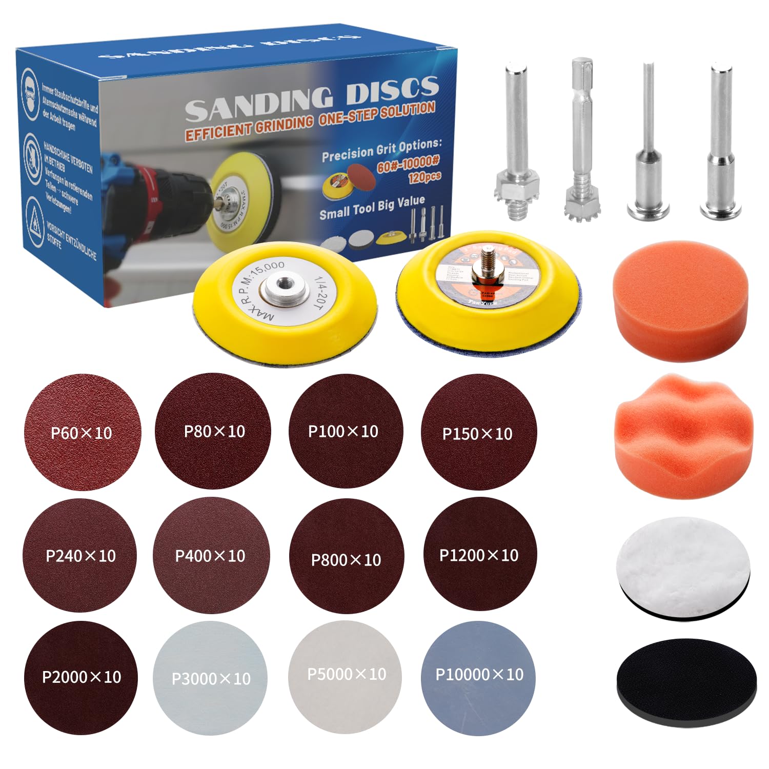 Photo 1 of 3 - Inch Sanding Discs Pad Variety Kit for Drill Grinder & Rotary Tools, Precision Polishing Set with Cylindrical Hex Shaft and Screw - Ideal for Car Polishing, Glass Finishing & Scum Removal