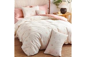 Jolusere Pink Floral Duvet Cover Queen Size 100% Cotton Duvet Cover Set Girls Kids Flower Butterfly Comforter Cover Soft & Breathable 100 Percent Cotton Bedding Set with 2 Pillowcases, Zipper Closure