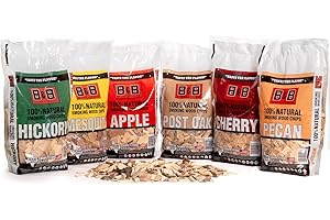 SHOP SQUARE BBQ Wood Chips for Smoker Variety Pack (6 Flavors) Apple, Mesquite, Hickory, Cherry, Pecan, Post Oak Wood Chips for Smoking, Grilling & Camping, 180 Cu. in Per Bag - Made in USA