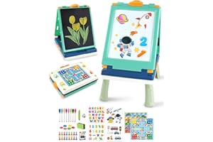 Elovien Easel for Kids,Tabletop Easel for Toddler, Foldable 4 in 1 Double Sided Kids Art Easel with Chalkboard & Magnetic Whiteboard,Portable Desktop Drawing Board - Gift for Boys and Girls (Green)
