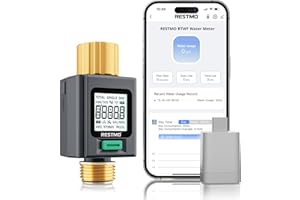 RESTMO Smart Water Flow Meter with Screen Backlight, Brass Inlet & Outlet, Measuring Gallon/Liter Consumption & Flow Rate for Garden Watering, RV Filling, Sprinklers & Nozzle - 2.4Ghz WiFi Connection