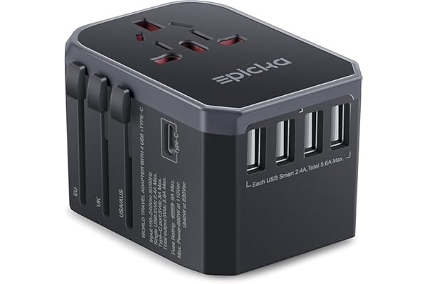 EPICKA Universal Travel Adapter One International Wall Charger AC Plug Adaptor with 5.6A Smart Power and 3.0A USB Type-C for USA EU UK AUS (TA-105, Grey)