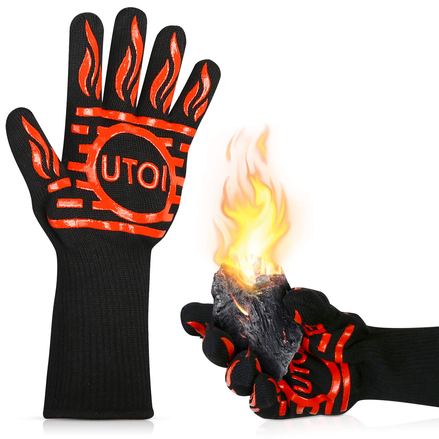 UTOI BBQ Gloves, Oven Gloves with Fingers, 1472°F Heat Resistant Non-Slip Cooking Gloves for Kitchen, Grilling and Baking, EN407 Certified, 13 inch Long, XL Size, 1 Pair