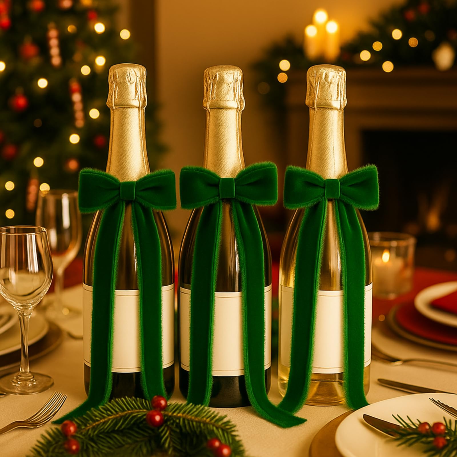 View 1 of 12 Pcs Christmas Wine Bottle Covers Green Velvet Bows with Frayed Fringe 3.9 x 7.9 Inch Vintage Raw Edge Wine Bottle Bow Topper Decoration for Champagne Bottles Christmas Tree Gift Wrapping Treat Bag