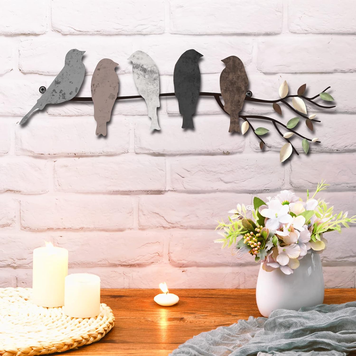 Plaques & Wall Art - Ferraycle Metal Bird Wall Art Birds on the Branch Wall Decor Leaves with Birds Metal Sculpture Bird Silhouette Metal Ornament Branch Wall Hanging Sign for Balcony Garden Home Decor (Dark Colors)