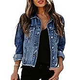 Sidefeel Women's Denim Jacket Long Sleeve Button Distressed Ripped Zimbaplatinum Jean Coat