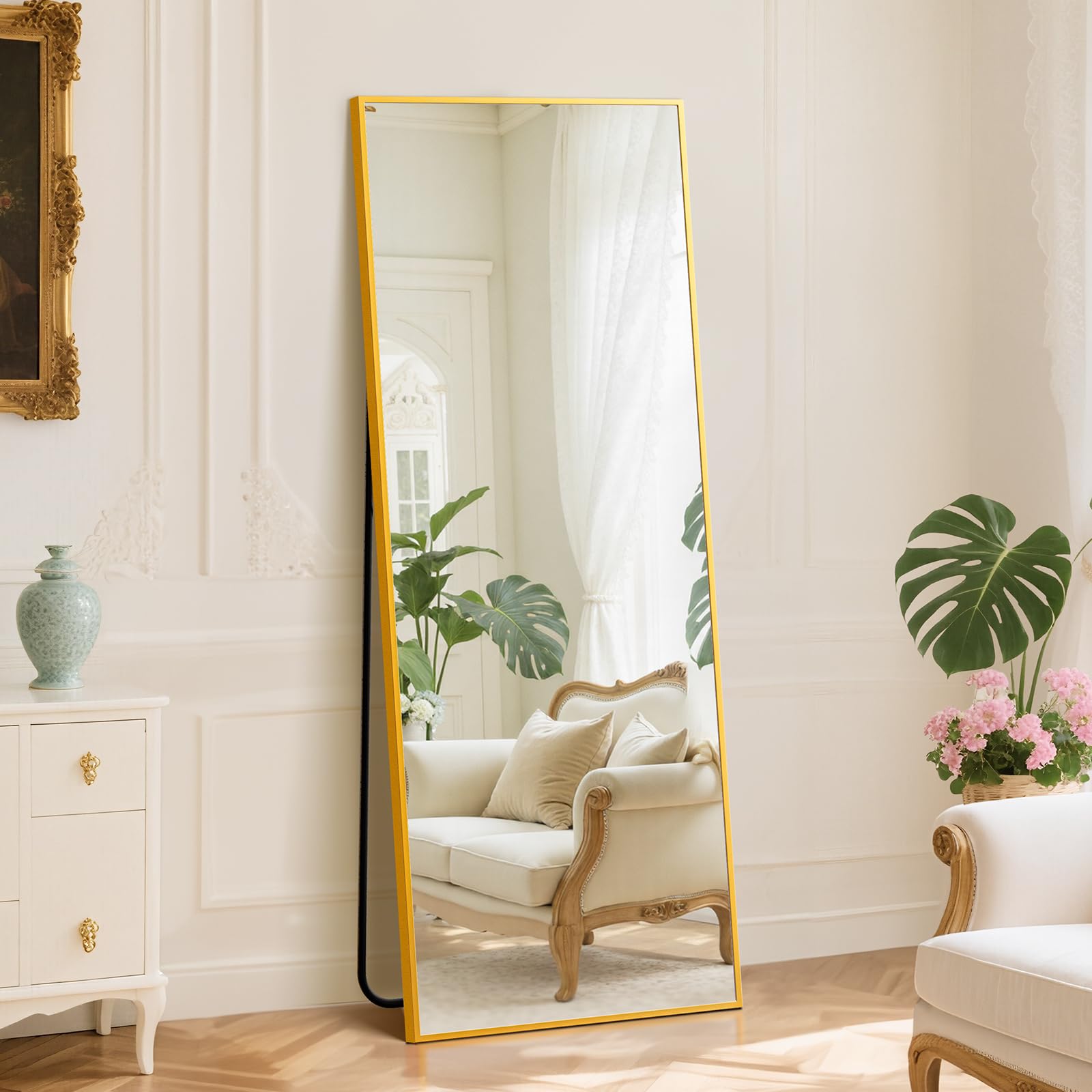 DUMOS Full Length Mirror with Stand 24"x65" Floor Standing Aluminum Frame for Bedroom Body Hanging Leaning Modern Simple Home Decor Shatter-proorf Nano Glass Wall Living Room Cloakroom, Gold Image