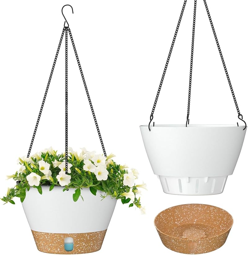 ZMTECH 20cm Hanging Plant Pots Set of 2 with Drainage & Water Level, White