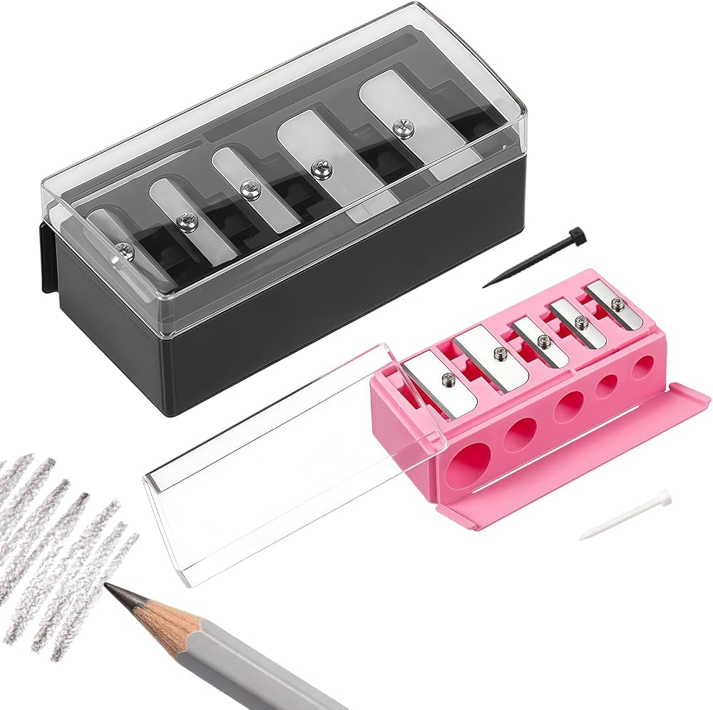 shuielai 2 Pcs 5-Hole Makeup Pencil Sharpener with Lid, Manual Long Point Sharpener for Eyebrow Eyeliner Lip Liner (Black+Pin