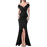 VFSHOW Womens Formal Spaghetti Strap Cold Shoulder Ruched Ruffle Slit Maxi Dress Sexy Sweetheart 3D Flower Prom Evening Gown