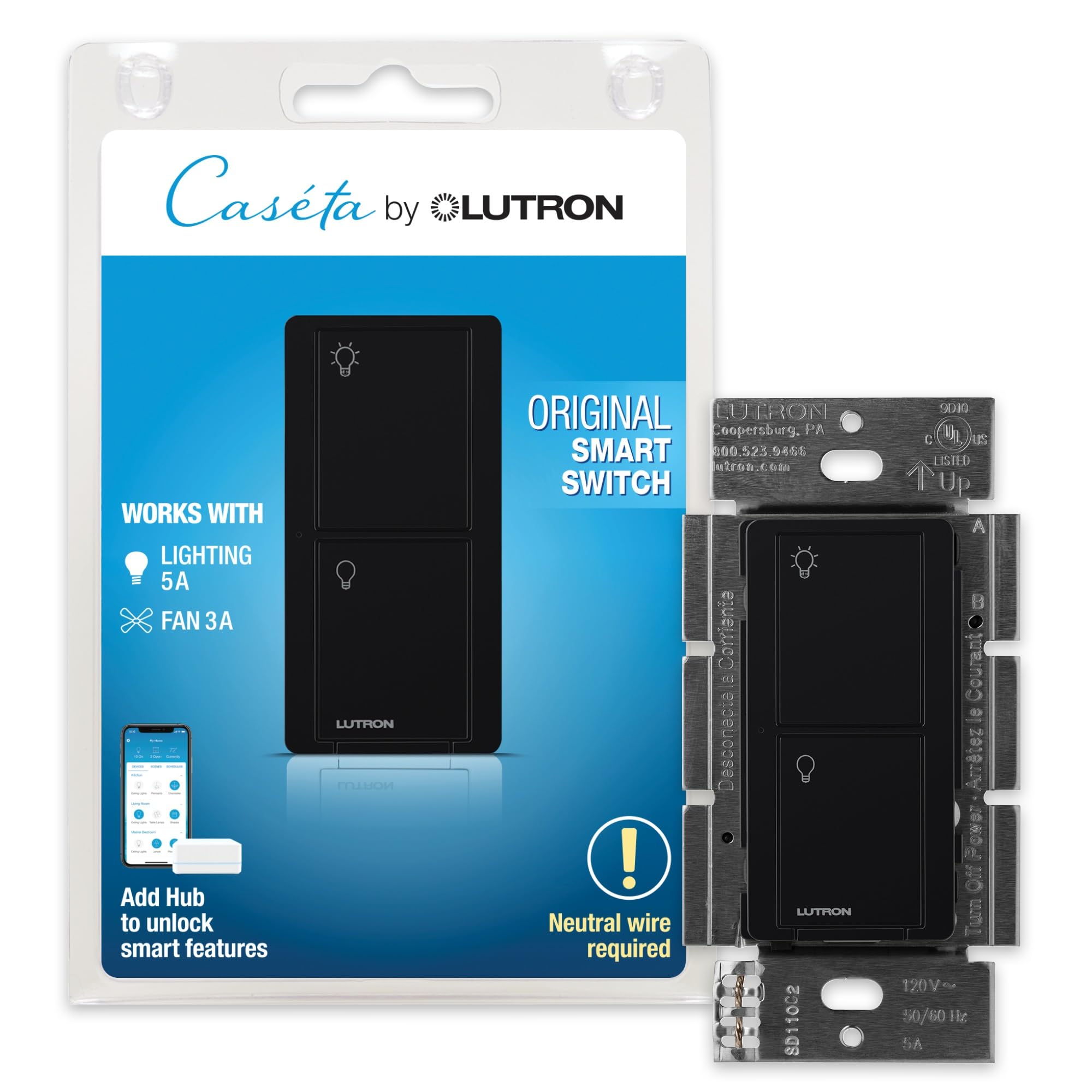 Photo 1 of Lutron Caseta Smart Lighting Original Switch for Light Bulbs and Fans, Works w/ Alexa, Apple HomeKit, Google Home (Hub Required), 6A Single-Pole/3-Way, Neutral Required, PD-6ANS-BL, Black