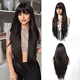 Cemuto Dark Brown Synthetic Wig with Bangs Glueless Long Straight Layered Wigs for Women 28 Inch