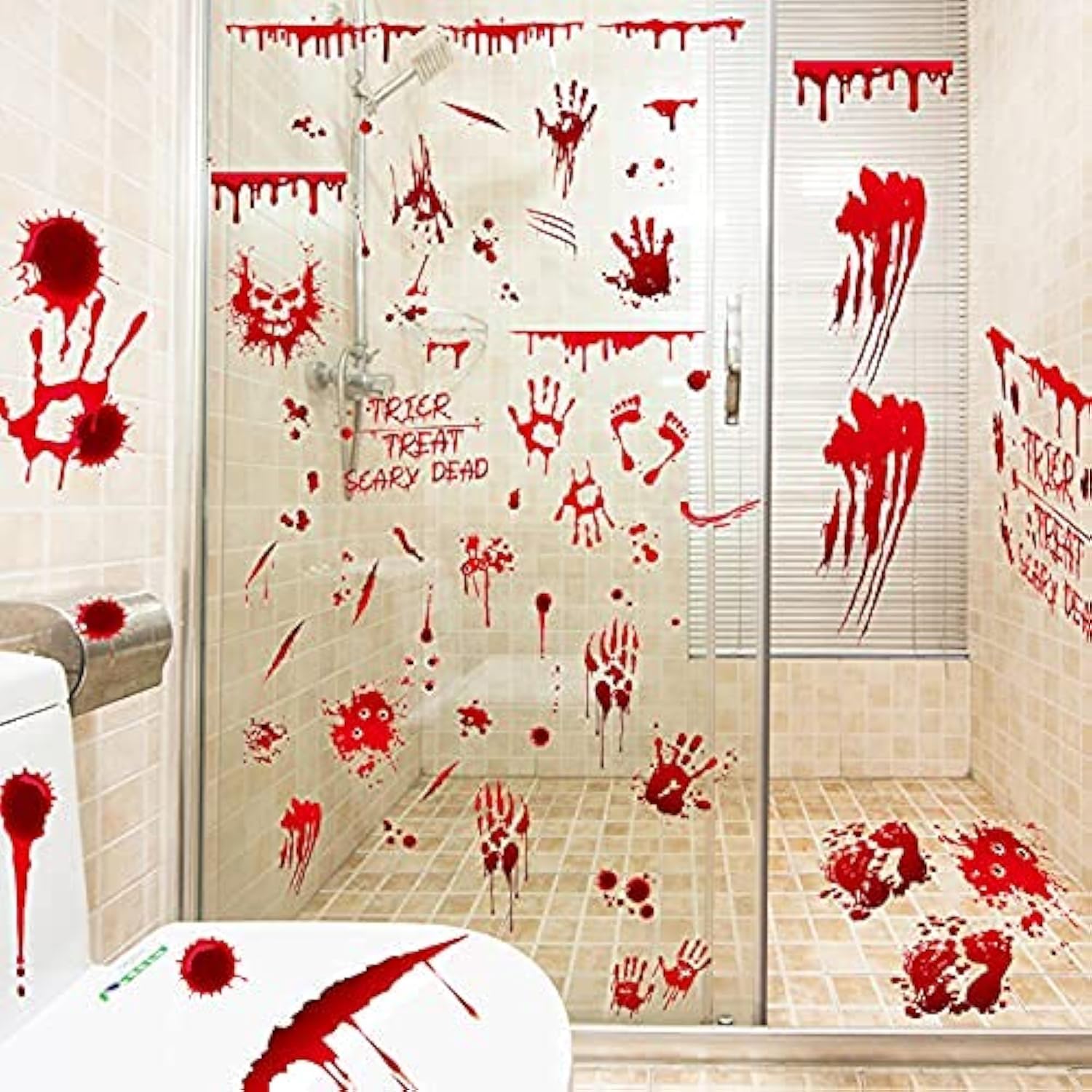 WOODZI Horror Halloween Stickers, 9 Sheets of Bloody Handprints, Footprints & Skulls, PVC Window Clings for Indoor Decorations