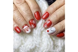 KSTBJN Red Christmas Press on Nails Short Round Head Almond Fake Nails Christmas False Nails with Santa Claus Elk Designs Cute Acrylic Nails Snowflake Full Cover Glue on Nails for Women Girls, 24Pcs