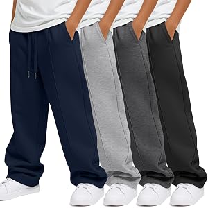 JoyMotion 4 Pack Boys' Baggy Sweatpants Pockets | Wide Leg Pants, Straight Leg, Drawstring, Elastic Waist, Open Bottom, Athle
