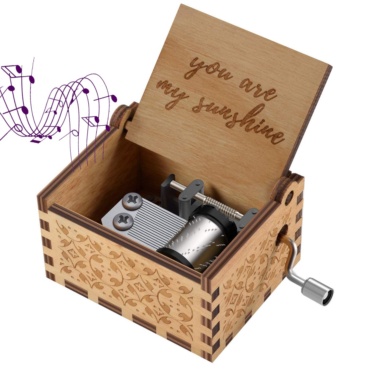 sakruda Wooden Music Box You Are My Sunshine for Daughter Son Wife Dad Friends,Hand Crank Wood Musical Box Laser Engraving Handmade Best Gifts for Kids Children on Birthday/Christmas/Valentine’s Day — image 1